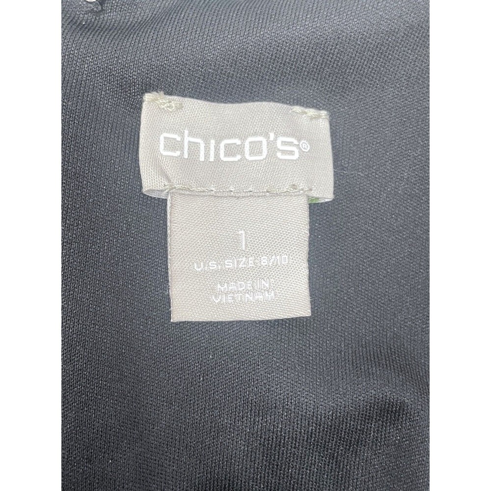 Chico’s Size 1 8/10 Black Blue Short Sleeve Dress Geometric Print - Picture 8 of 9